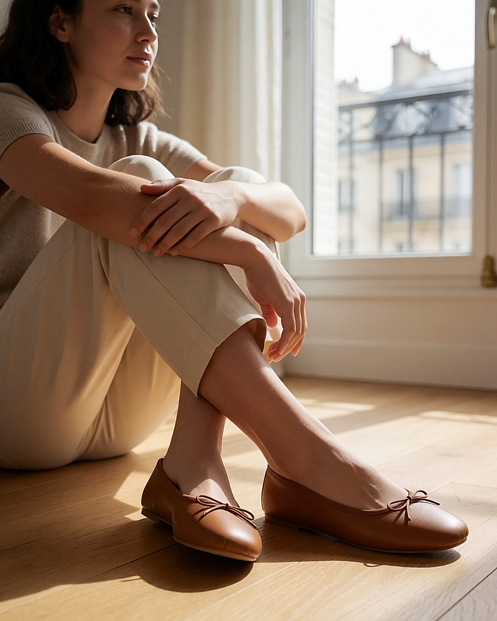 Jambes croisées d'une jeune femme assise au sol, ballerines en cuir caramel souple