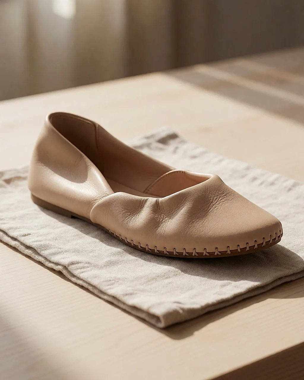 Nahaufnahme der genähten Sohle einer Lederballerina auf hellem Leinen