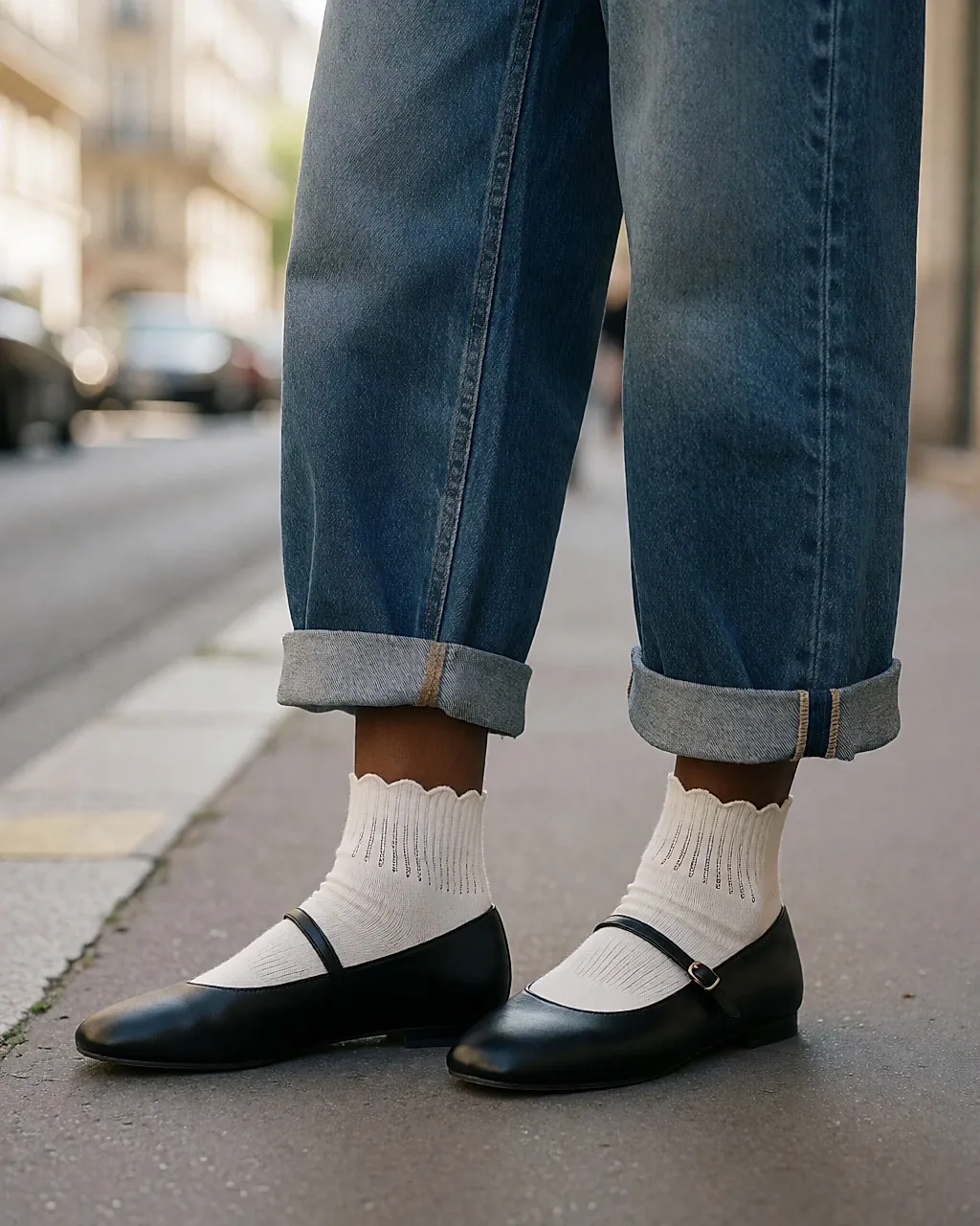 Knöchel in schwarzen Ballerinas und feinen Söckchen mit Zackenrand