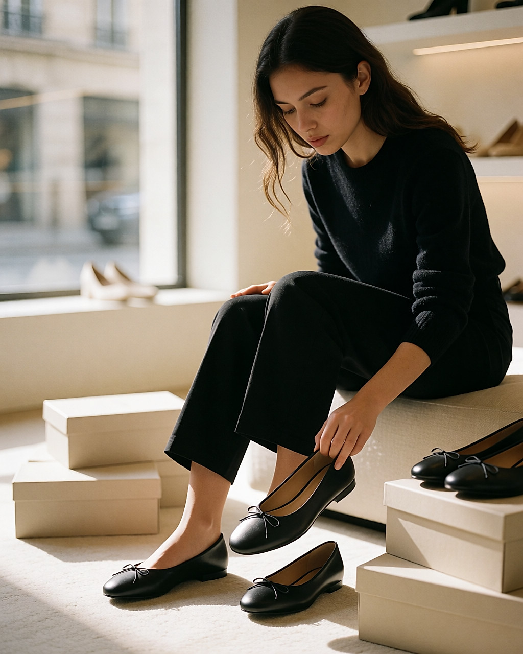 Jeune femme assise dans une boutique, essayant une paire de ballerines en cuir noir