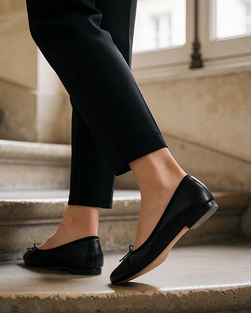 Vue de trois-quarts arrière d'un talon retenu par la bordure élastique d'une ballerine noire