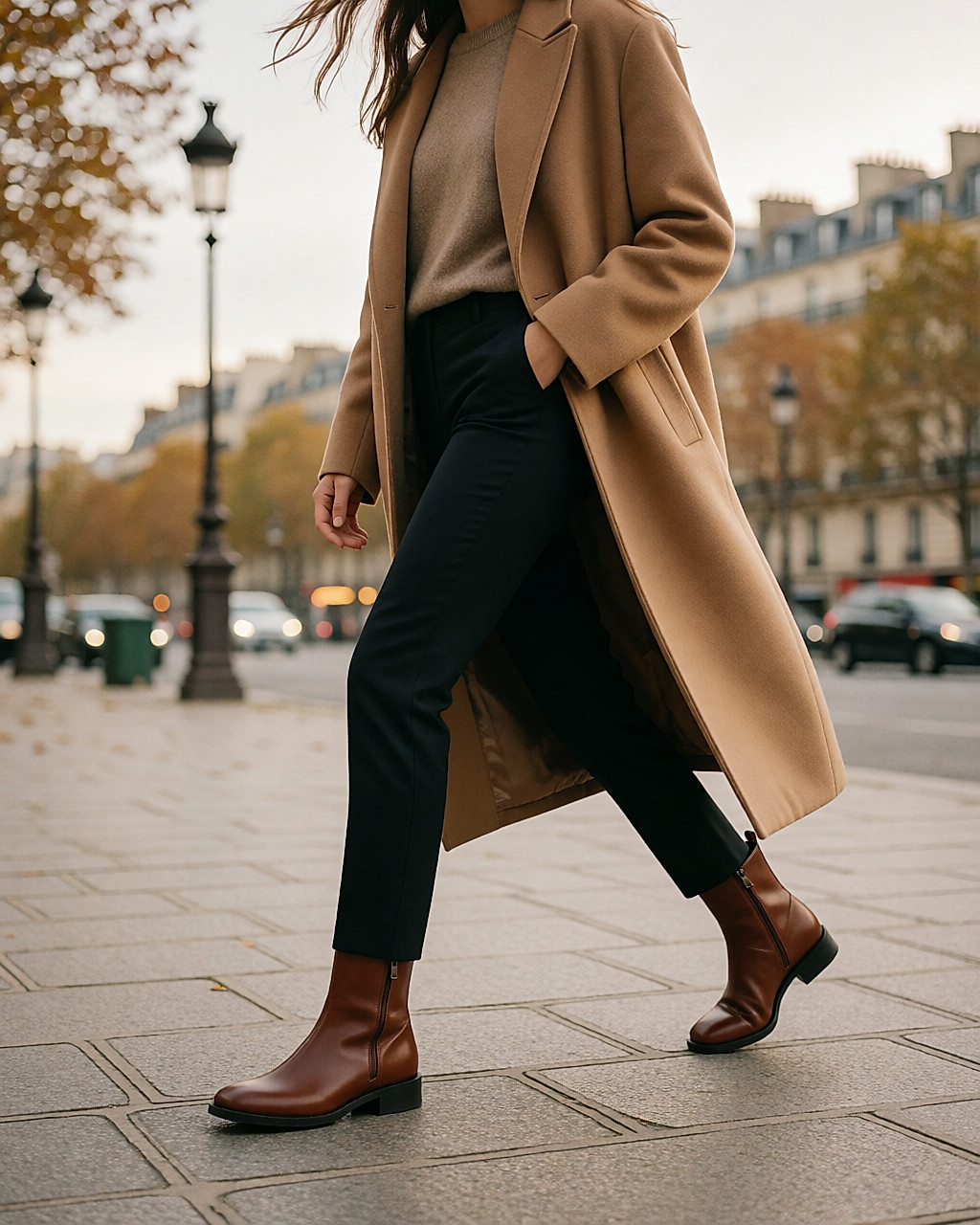Bottine en cuir marron à petit talon portée en marchant sur un trottoir parisien, pantalon fin