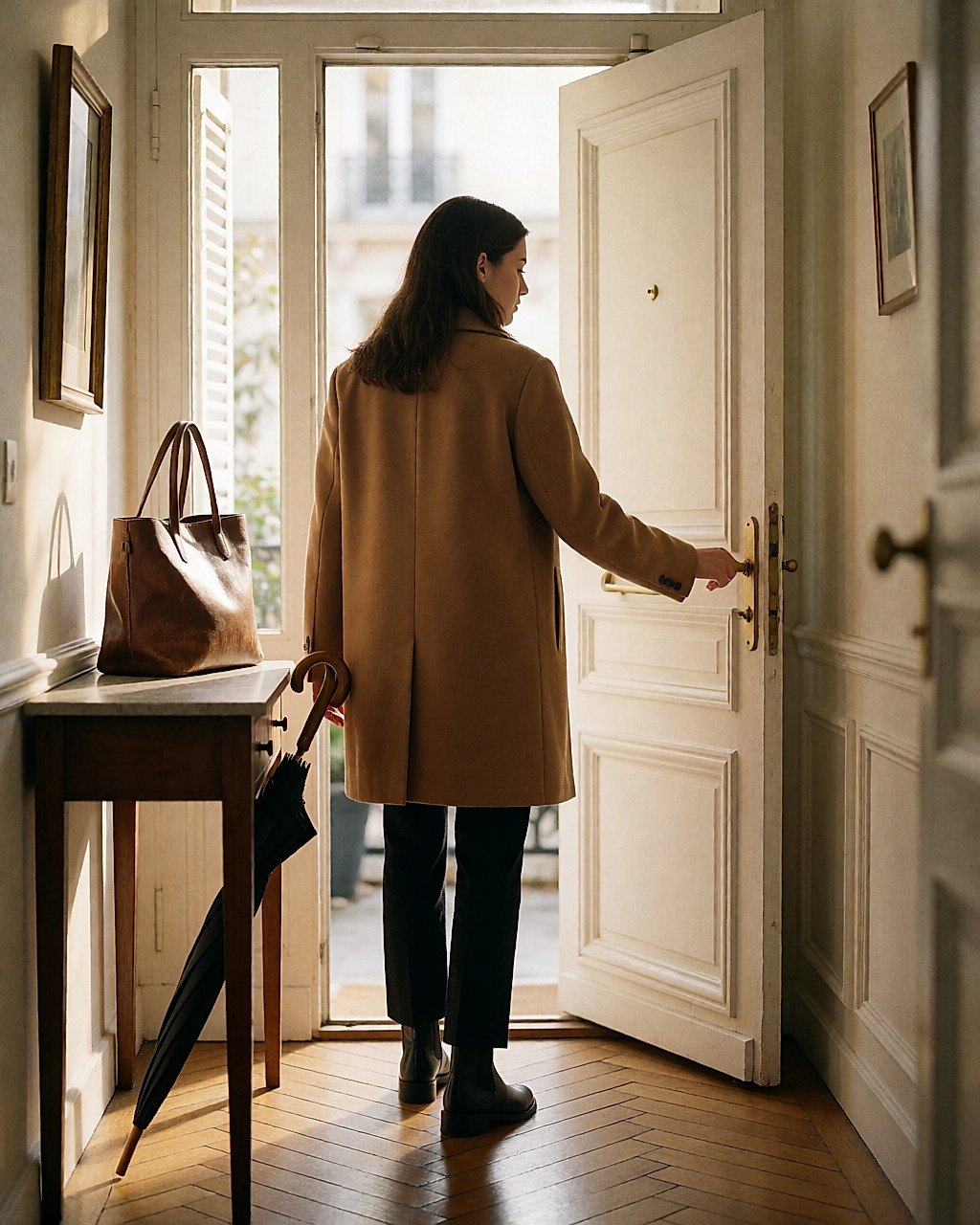 Jeune femme prête à sortir dans un hall parisien, bottines noires aux pieds, parapluie plié sur la console