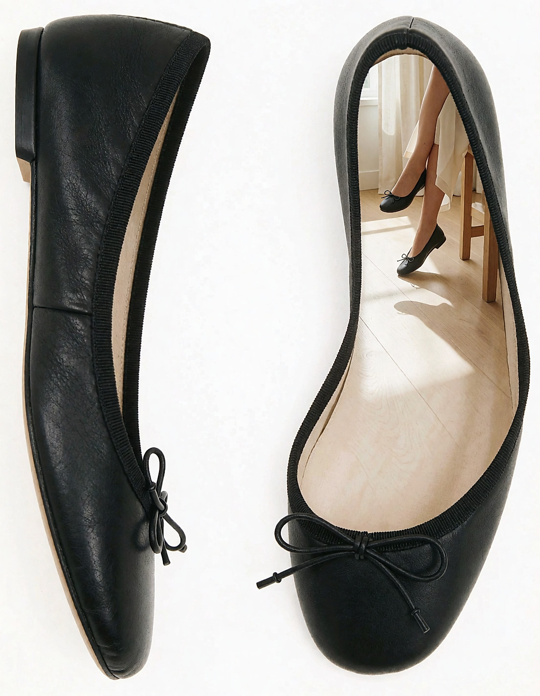 Ballerine en agneau noir à petit nœud portée, jambe croisée sur un tabouret de dressing