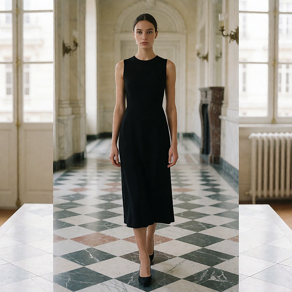 Schwarze Lack-Ballerinas mit feiner Sohle, Beine in einer Marmorhalle übereinandergeschlagen