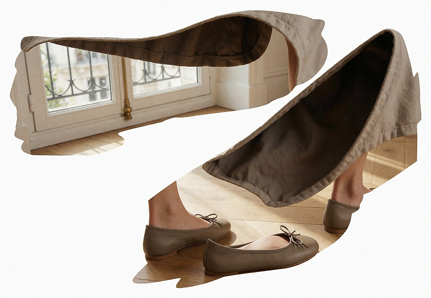 Ballerines en cuir beige portées de dos sur un parquet clair, dans un appartement parisien lumineux