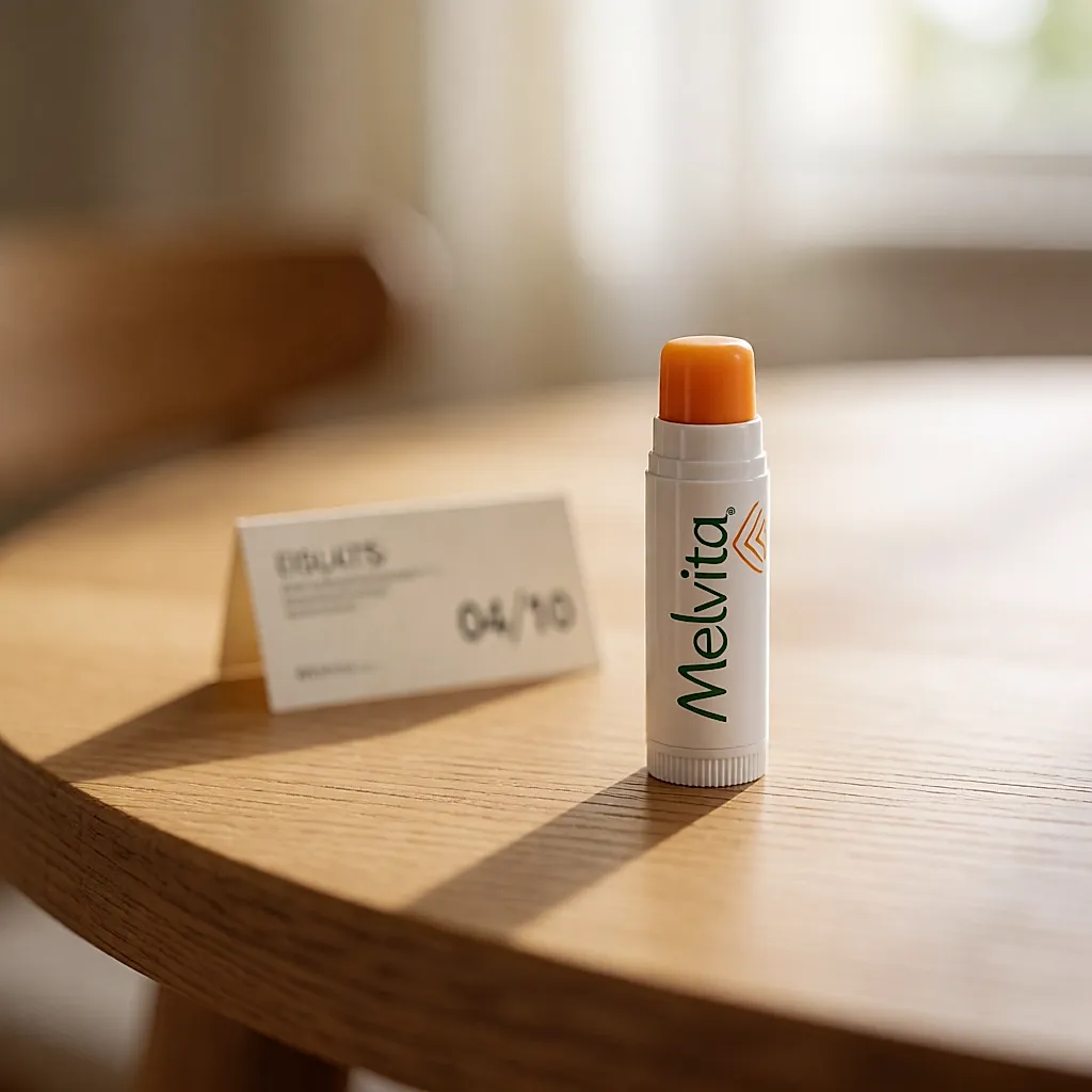 Stick labial bio Melvita branco e laranja sobre uma mesa de madeira com um cartão de preço