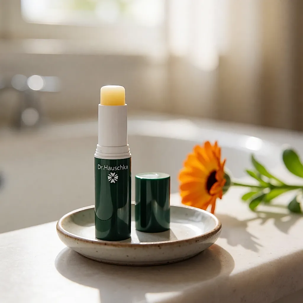 Stick labial bio Dr.Hauschka aberto sobre uma pequena travessa de cerâmica