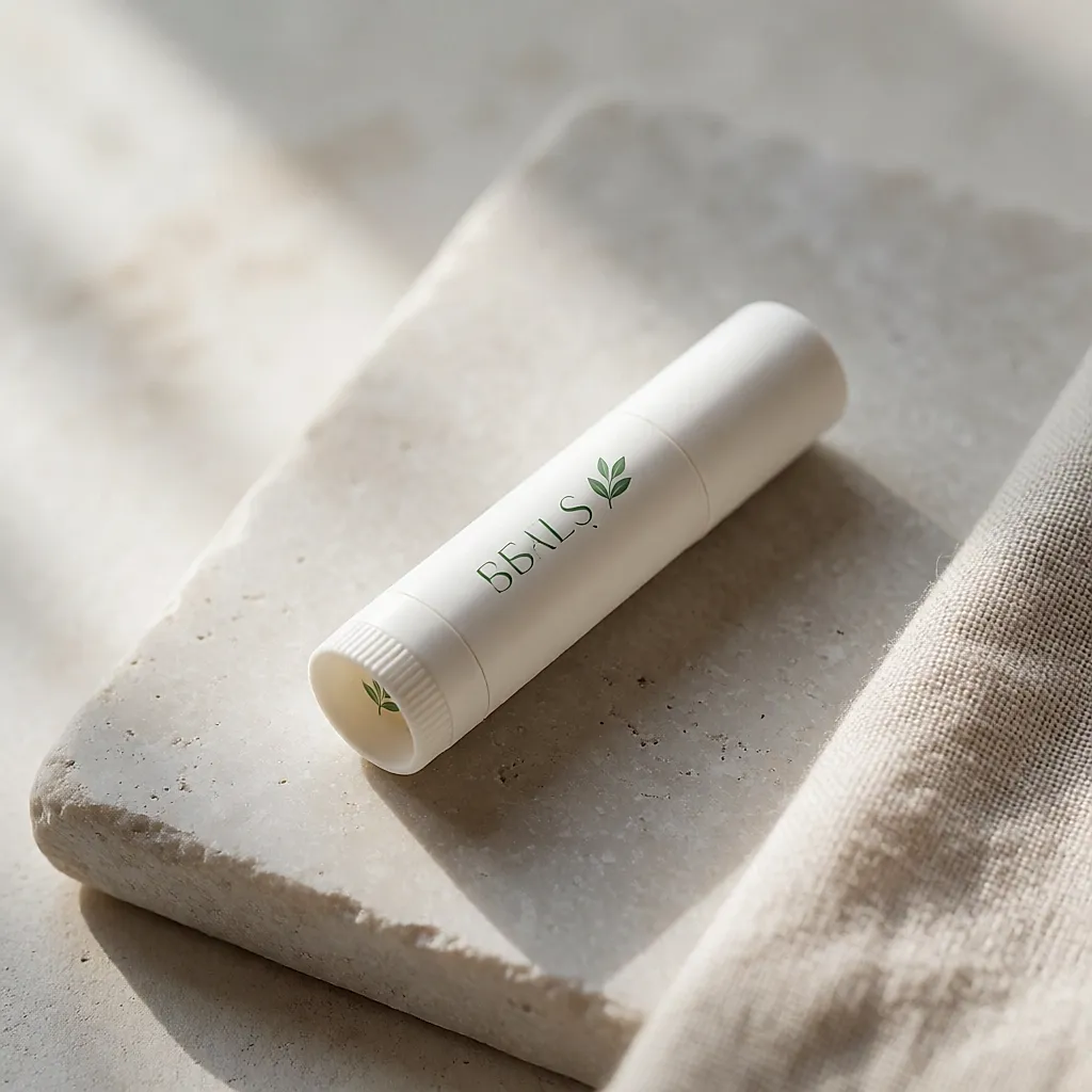 Stick labial bio Cattier branco sobre uma pedra clara, em luz natural