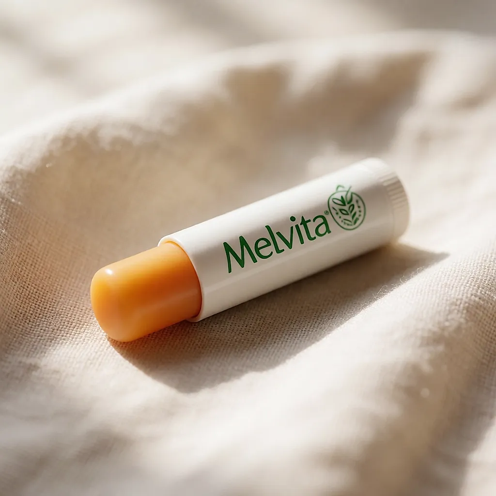 Stick labial bio Melvita, blanco y naranja, sobre un paño de lino claro