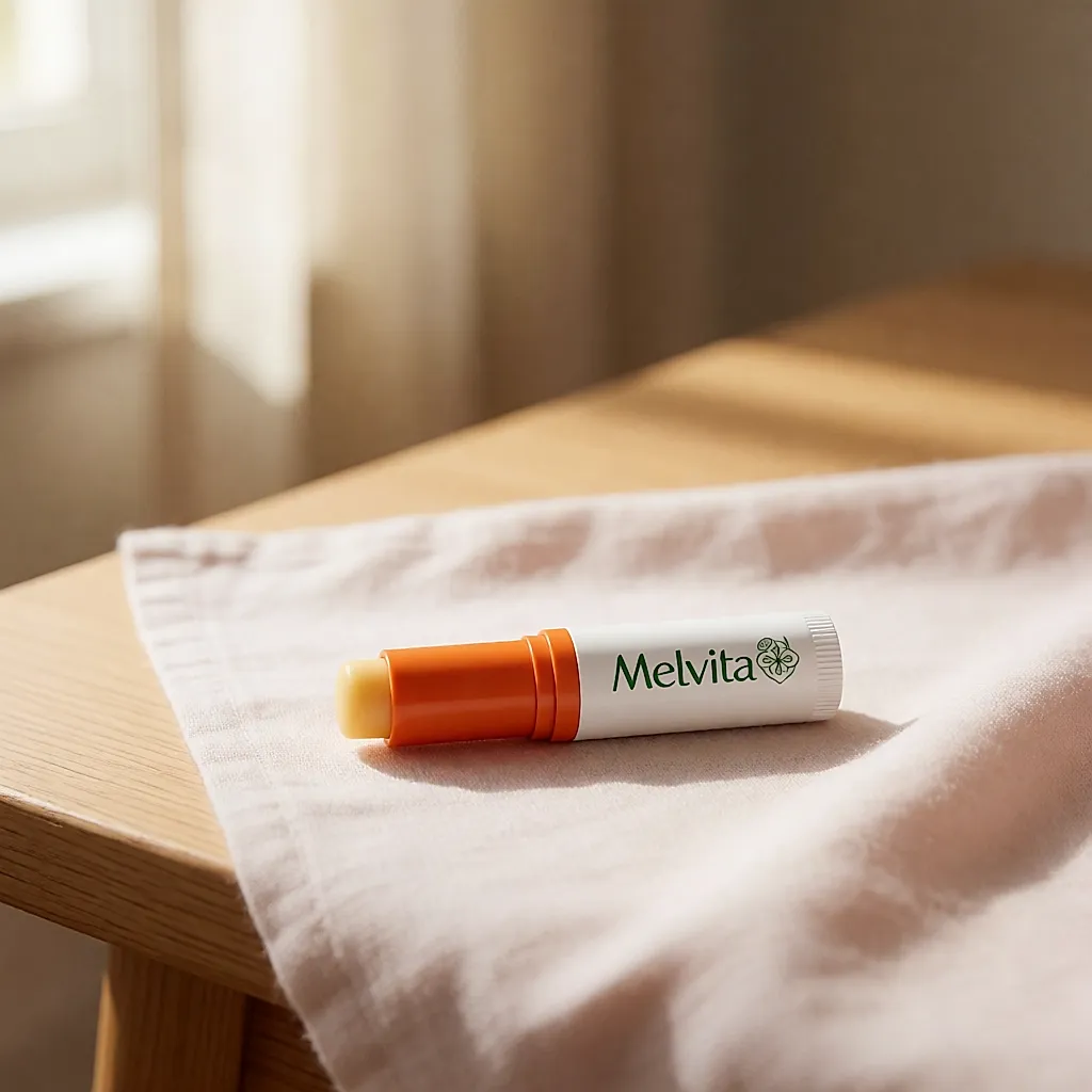 Stick labial bio Melvita blanco y naranja posado sobre un paño de lino claro