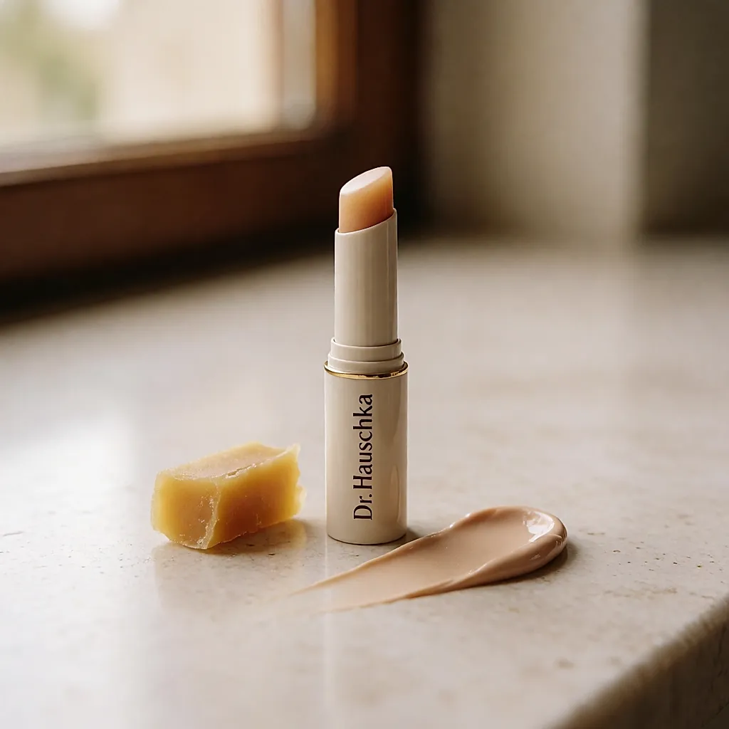 Stick de cuidado labial Dr. Hauschka junto a un trozo de cera de abejas sobre una superficie de piedra