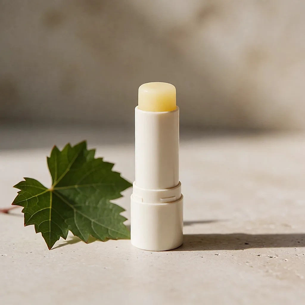 Stick de bálsamo labial junto a una hoja de vid