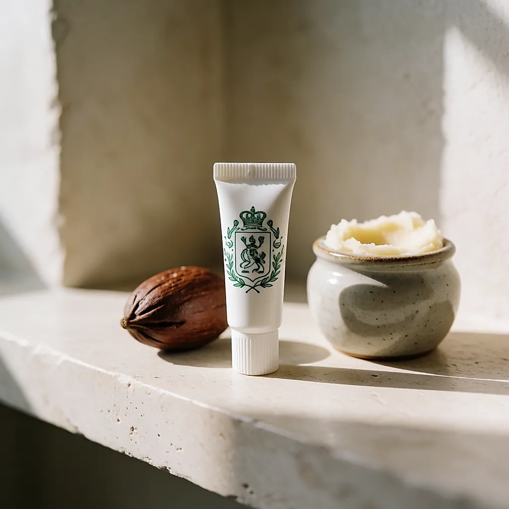 Tubo blanco pequeño de bálsamo de karité junto a una nuez de karité cruda
