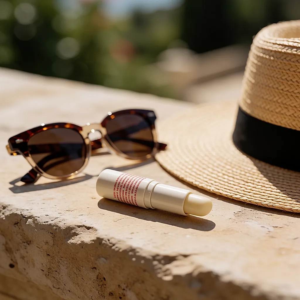 Stick labial marfil con detalle rojo junto a unas gafas de sol en una repisa