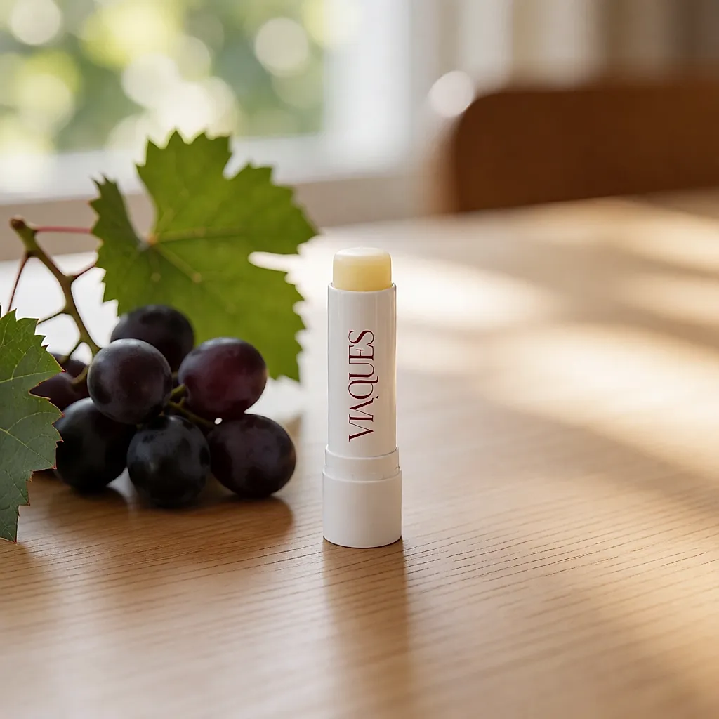 Stick blanco de bálsamo labial junto a un racimo de uva negra sobre madera