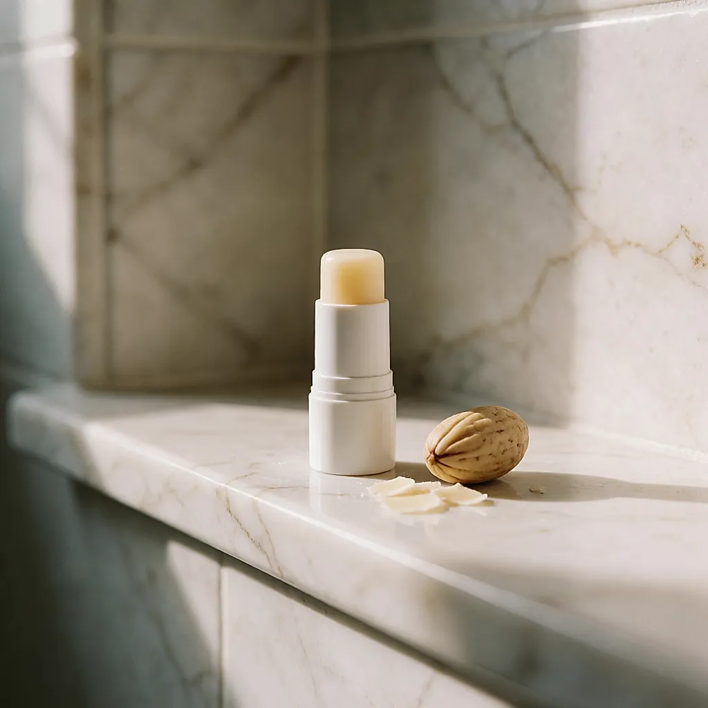 Tubo blanco de bálsamo reparador de karité junto a una nuez de karité