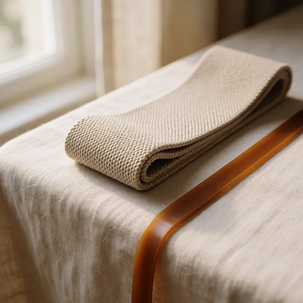 Close-up of a woven fabric band and a thin latex band resting on pale linen