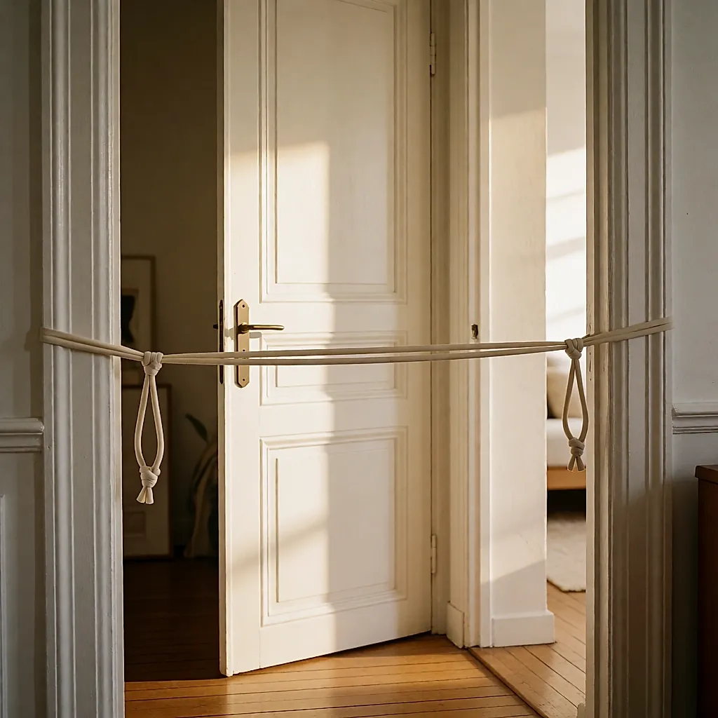 A fabric band stretched across a door, narrowed at the centre by the tension