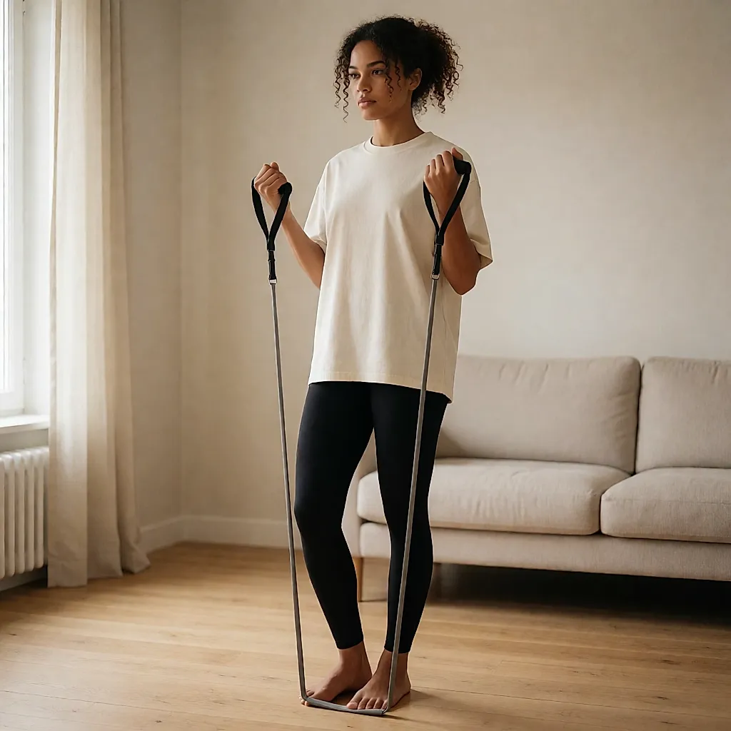 A woman standing with one foot on a long band, finishing a set of controlled pulls