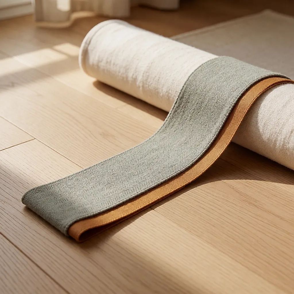 Two bands stacked and doubled on a wooden floor, next to a rolled-up mat