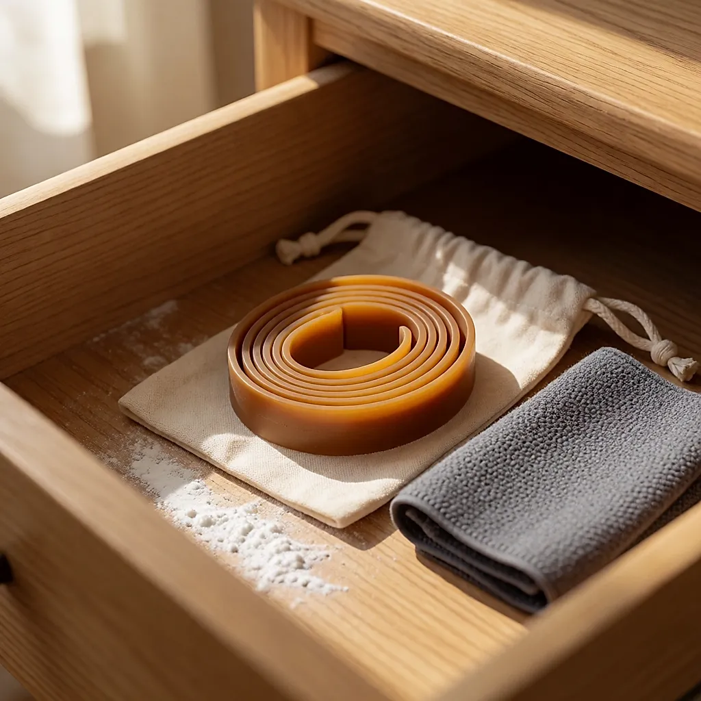 A latex band coiled in a cotton pouch, at the back of a drawer
