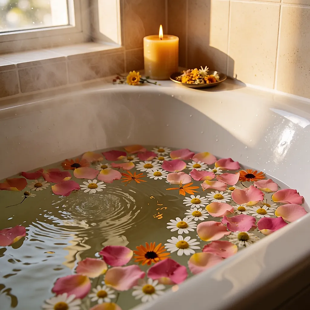 Banheira com pétalas de rosa e flores a flutuar na água morna