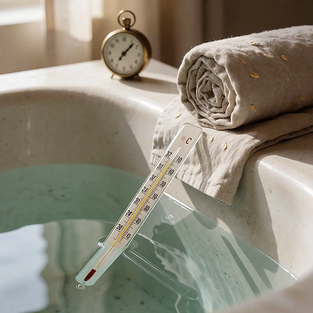 Termómetro de baño en el agua junto a un reloj y una toalla