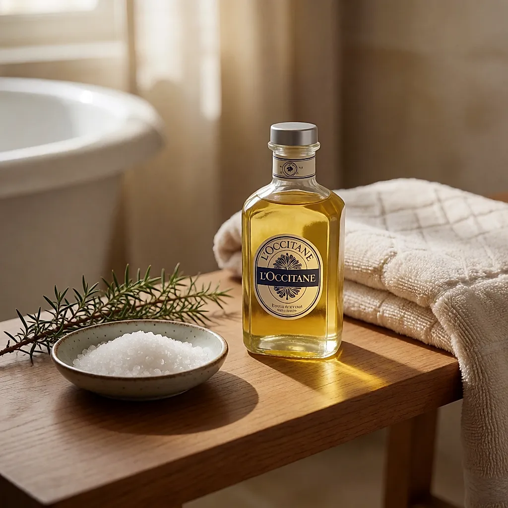 Aceite de baño de L'Occitane junto a un cuenco de sal de Epsom y enebro