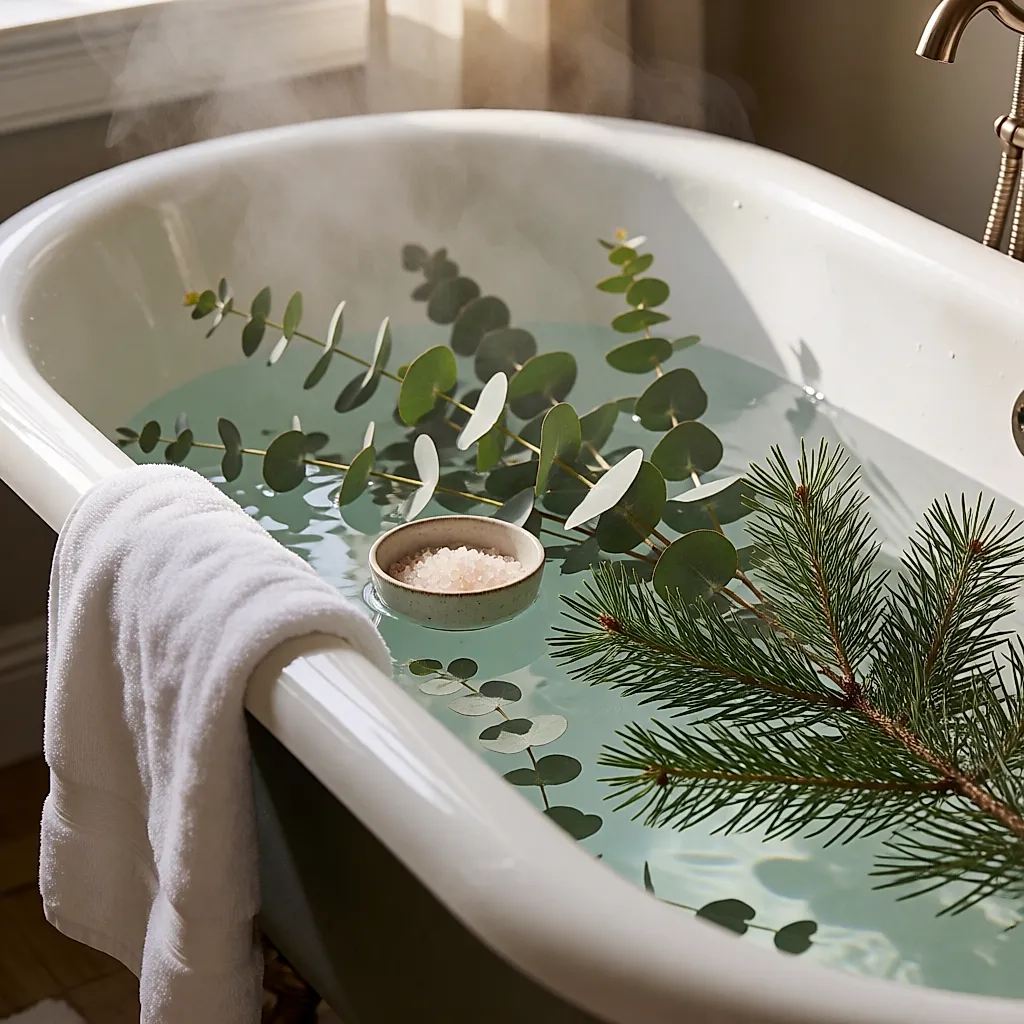 Bañera con ramas de eucalipto y pino flotando en el agua caliente