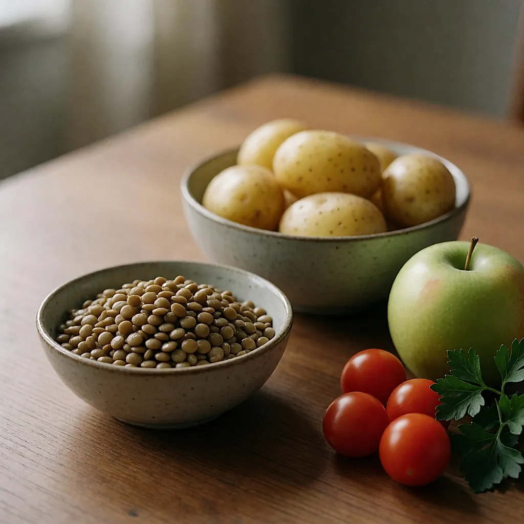 木桌上摆着一碗熟扁豆、一碗小土豆、一只青苹果和几颗樱桃番茄，侧光柔和，色调温暖朴素