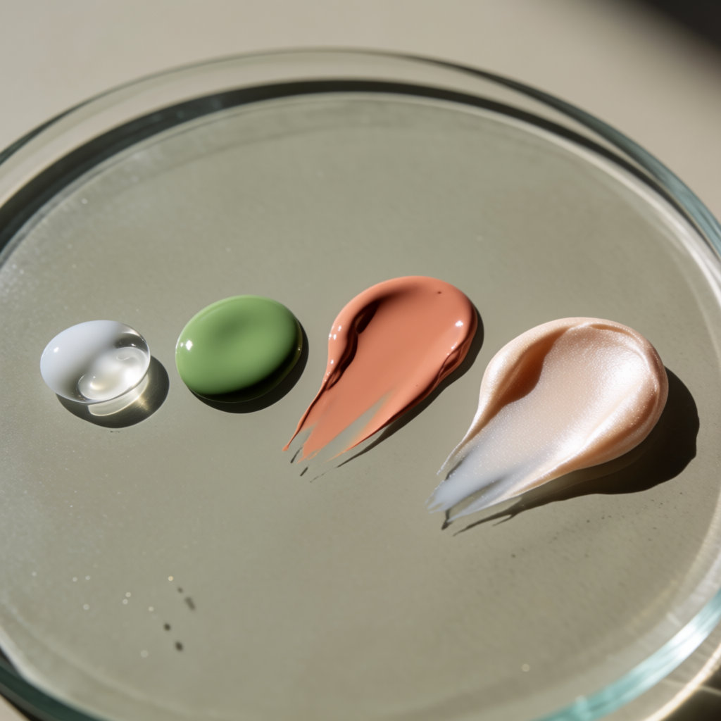 Échantillons de textures de base de teint étalés en rang sur une plaque de verre, lumière naturelle