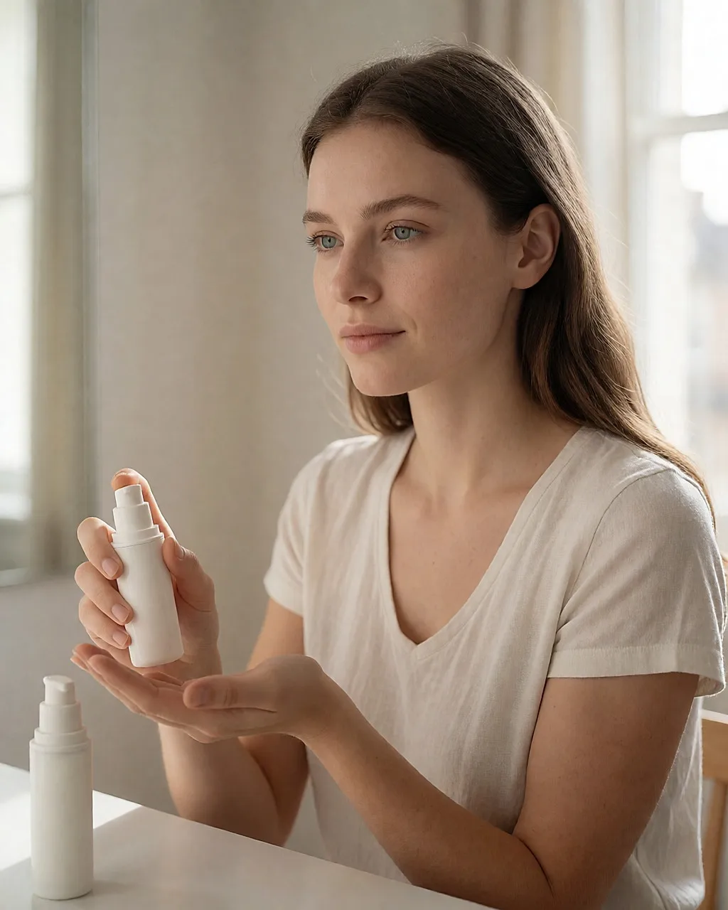 Junge Frau drückt Primer-Mousse in ihre Handfläche in einem hellen Ankleidezimmer