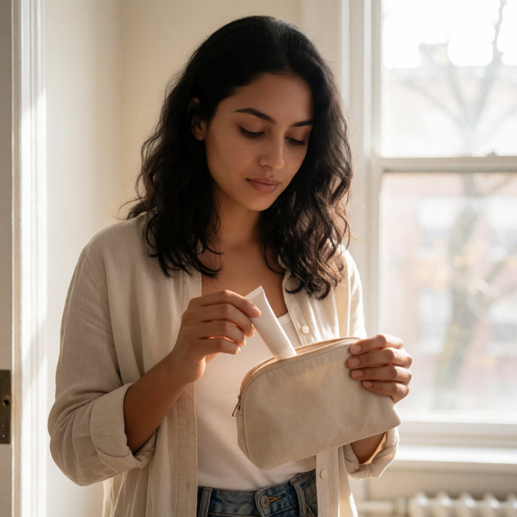 Jeune femme glissant un petit tube de base de teint dans une trousse de maquillage beige