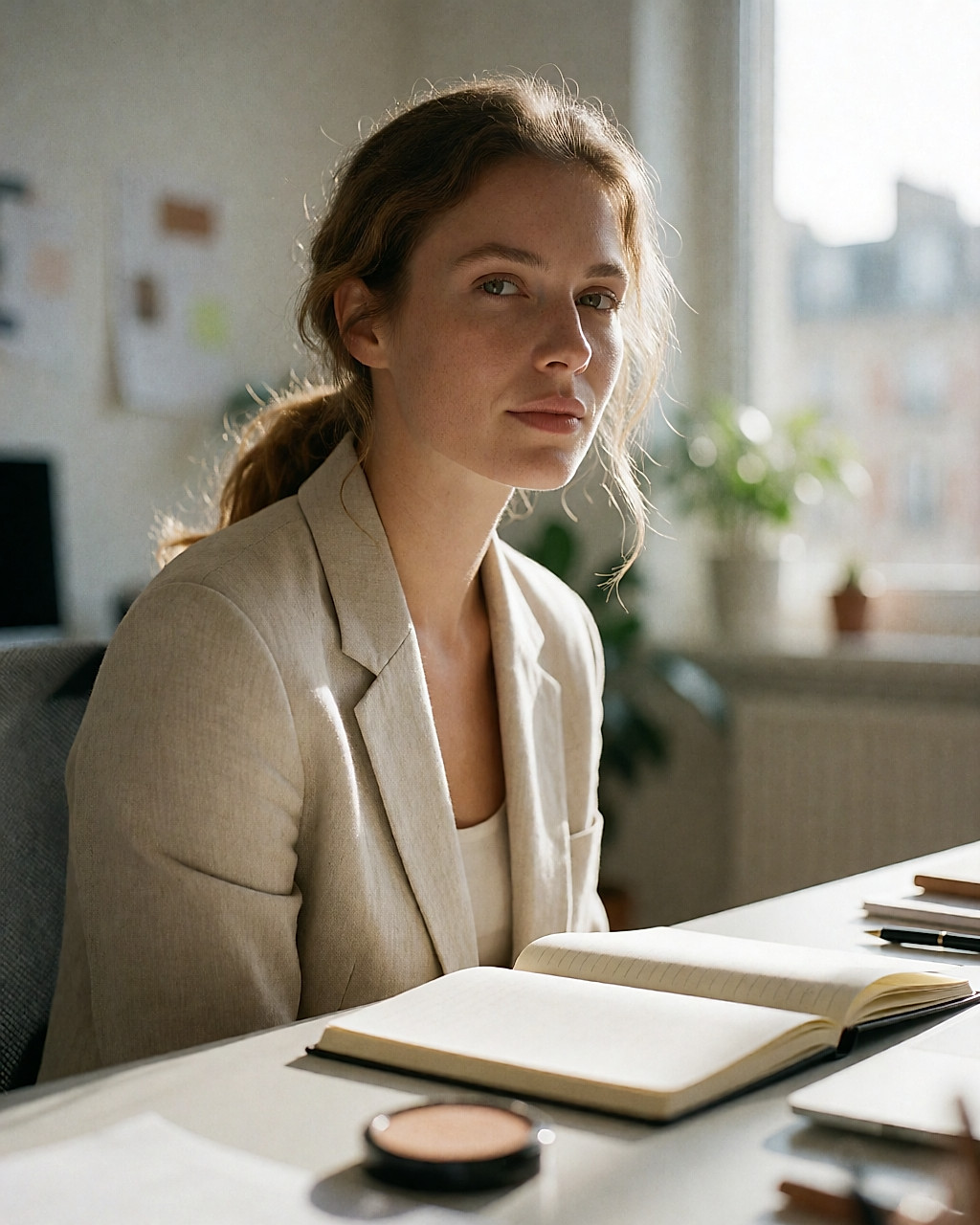 Jeune femme tapotant une touche de base matifiante sur son nez à son bureau