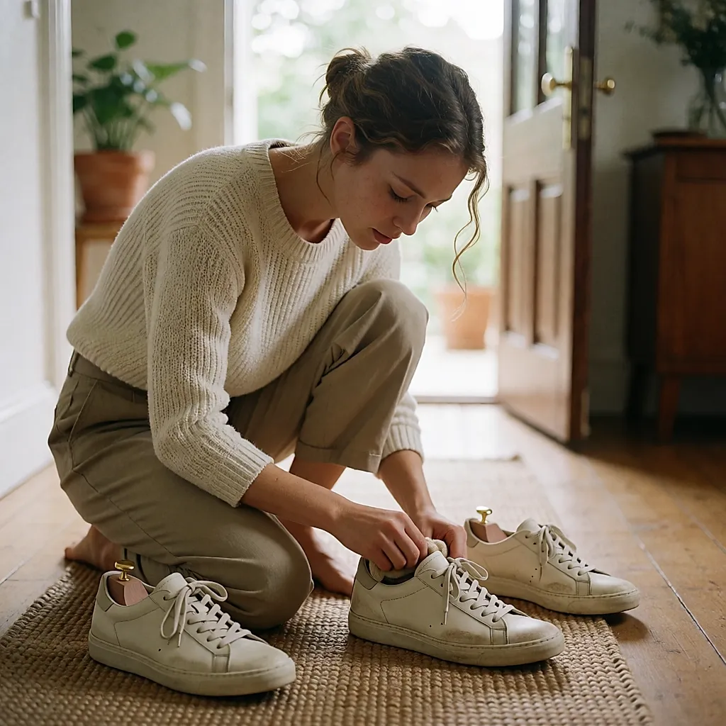 Ledercreme wird mit einem Tuch auf das Obermaterial eines hellen Ledersneakers aufgetragen