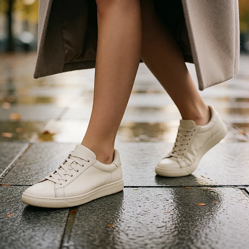 Getragene Ledersneaker mit Patina auf nassem Novembergehweg