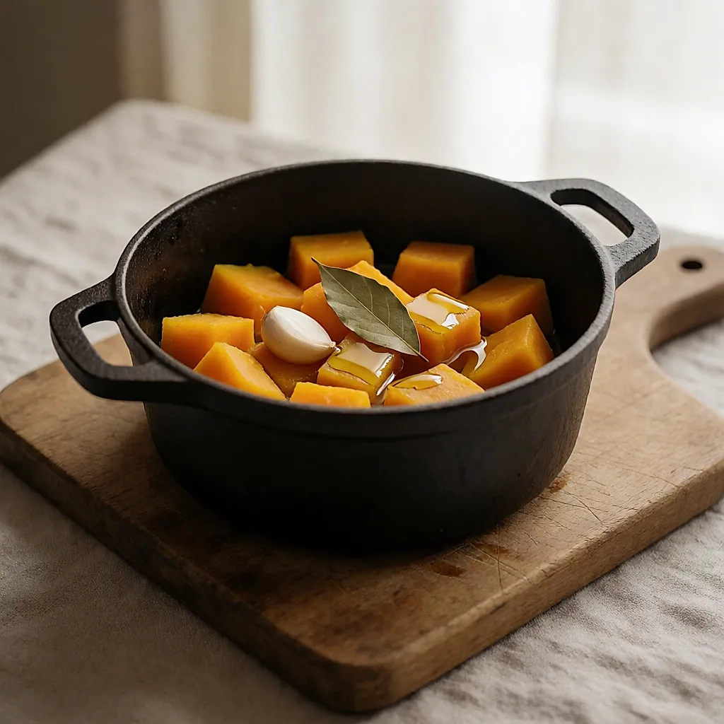 原味煮好的南瓜、一瓣蒜和一片香叶在炖锅里