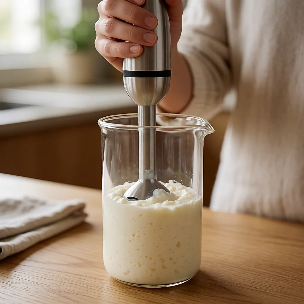 Main tenant un mixeur plongeant dans un verre doseur de cottage cheese en cours de lissage