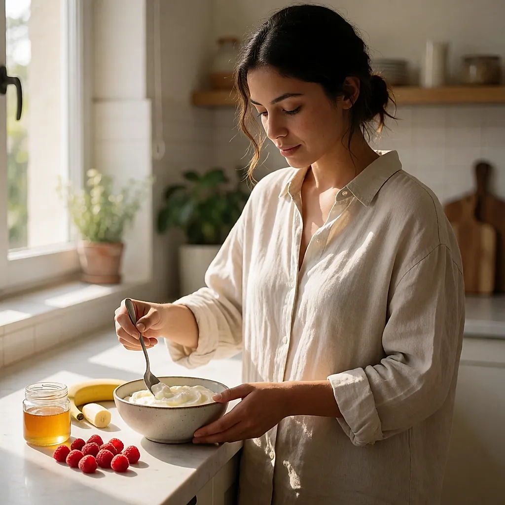 Jeune femme mélangeant du cottage cheese avec du miel et des fruits rouges dans un bol