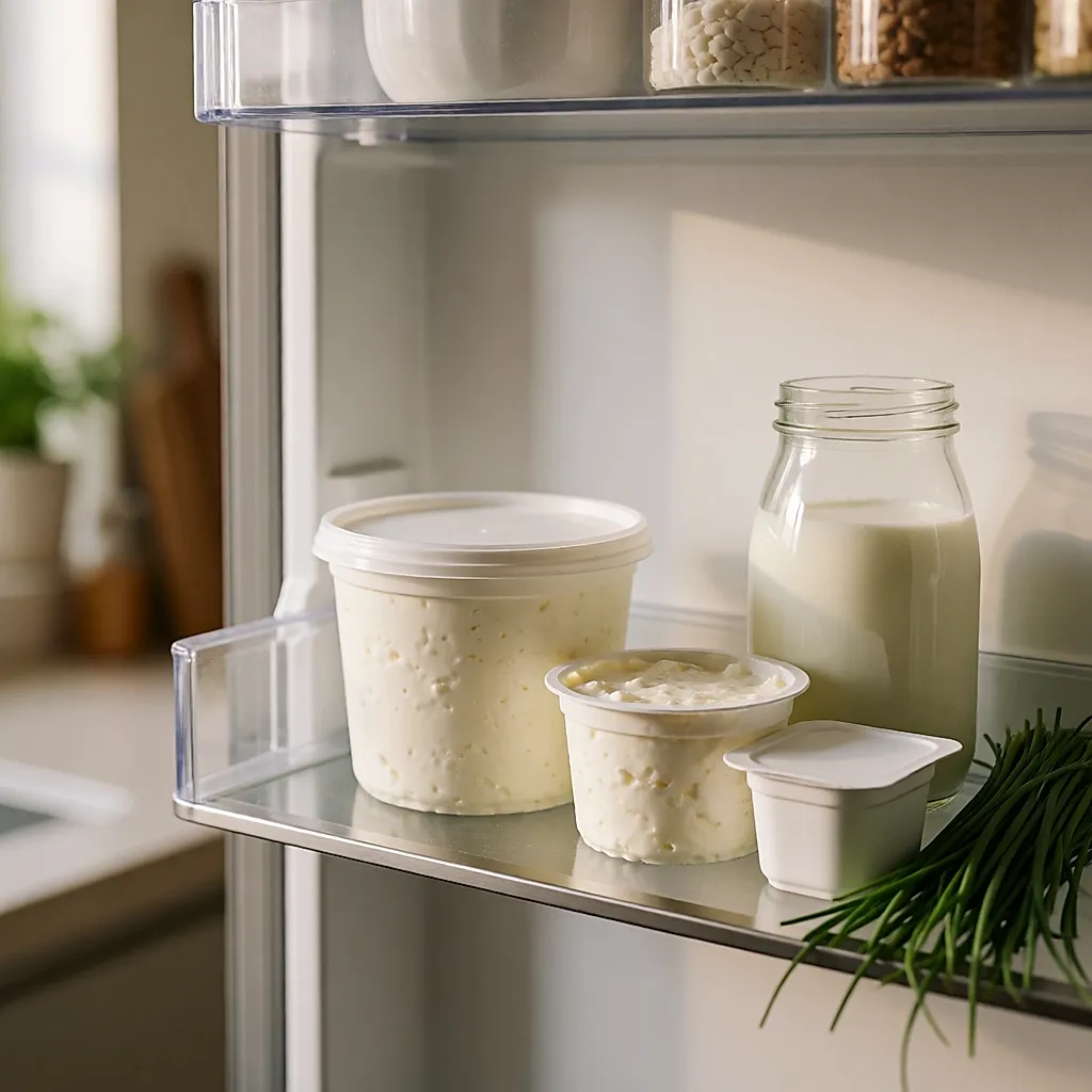 Grand pot de cottage cheese et portions individuelles sur une étagère de réfrigérateur