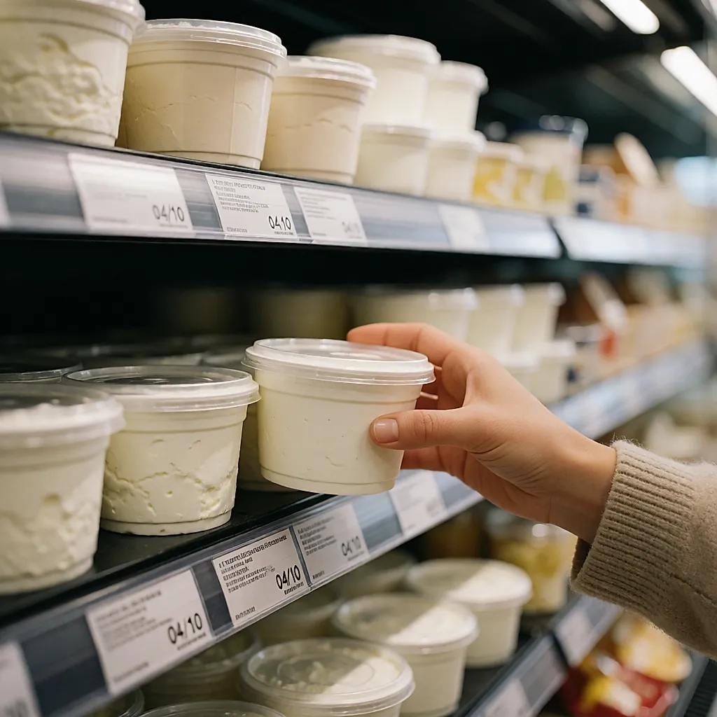 Main attrapant un pot de cottage cheese dans le rayon frais d'un supermarché