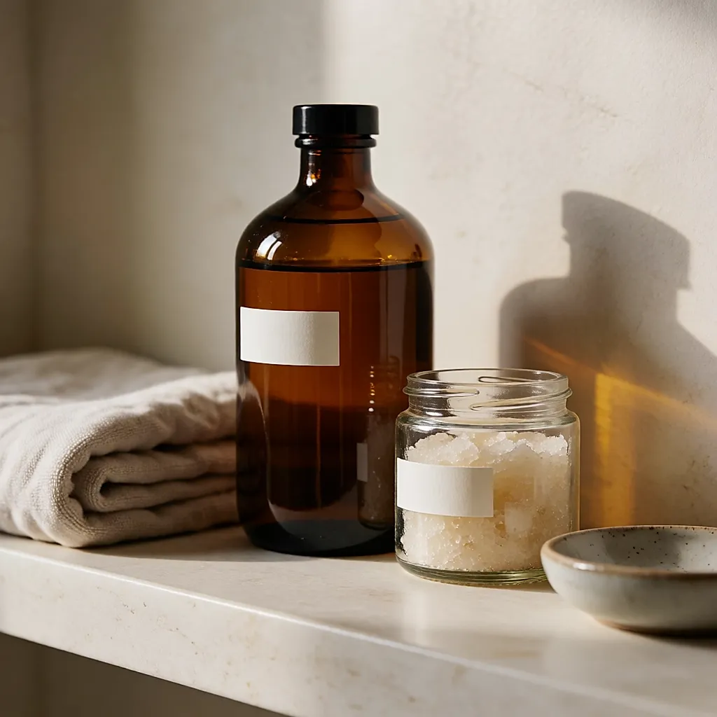 Zwei Größen von Massageöl und Peeling im Badezimmerschrank