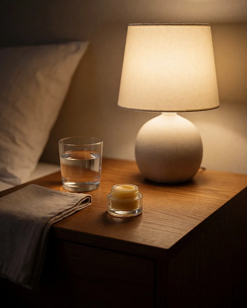 Kleiner Lippentiegel auf einem Nachttisch aus Holz, Abendlicht