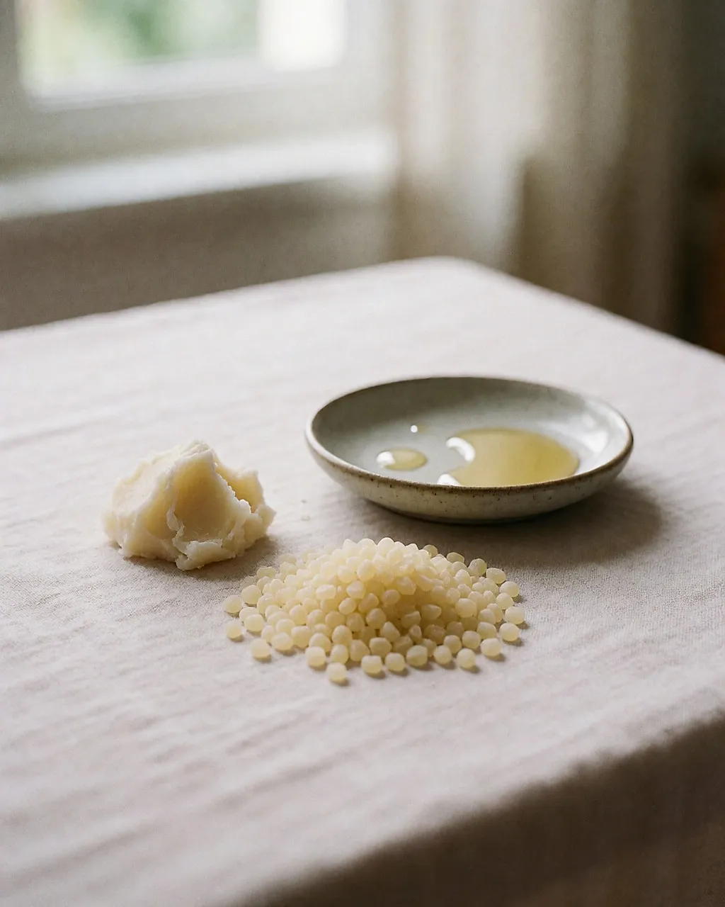 Rohstoffe eines Lippenbalsams: Sheabutter, Bienenwachs und Öl auf hellem Leinentuch