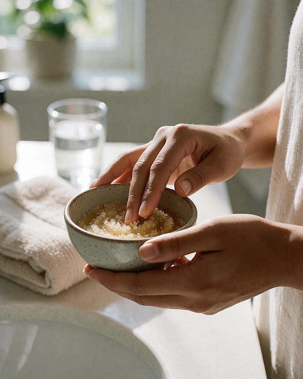 Mains préparant un gommage pour les lèvres au sucre et à l'huile dans un petit bol en grès