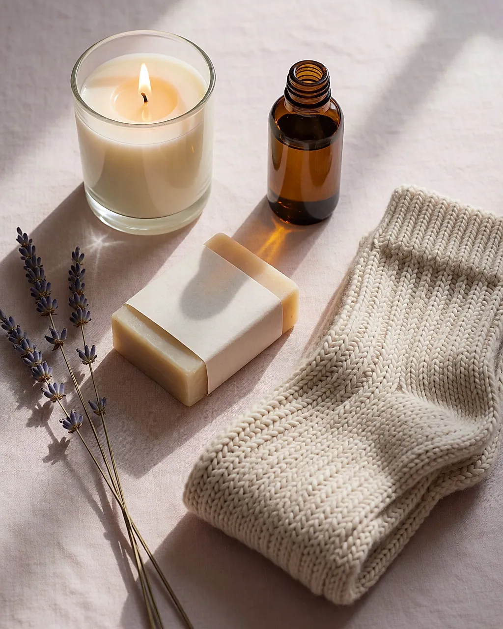 Wellness flat lay: candle, oil, bar soap and wool socks