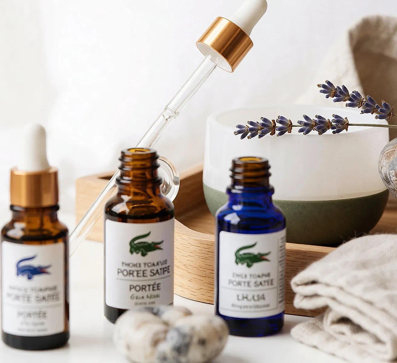 Small amber and blue glass essential oil bottles on a wooden tray