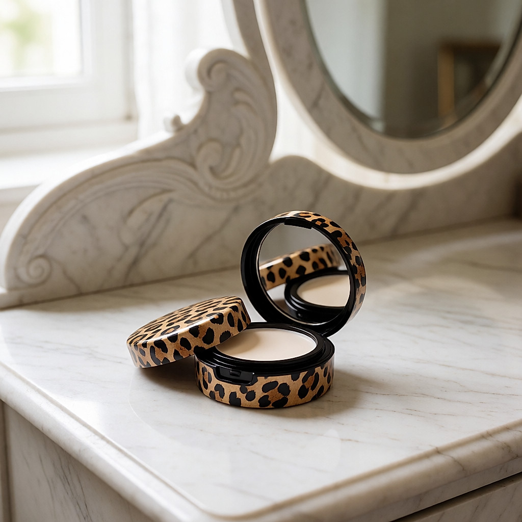 Cream blush in a leopard-print case open on a pale marble dressing table