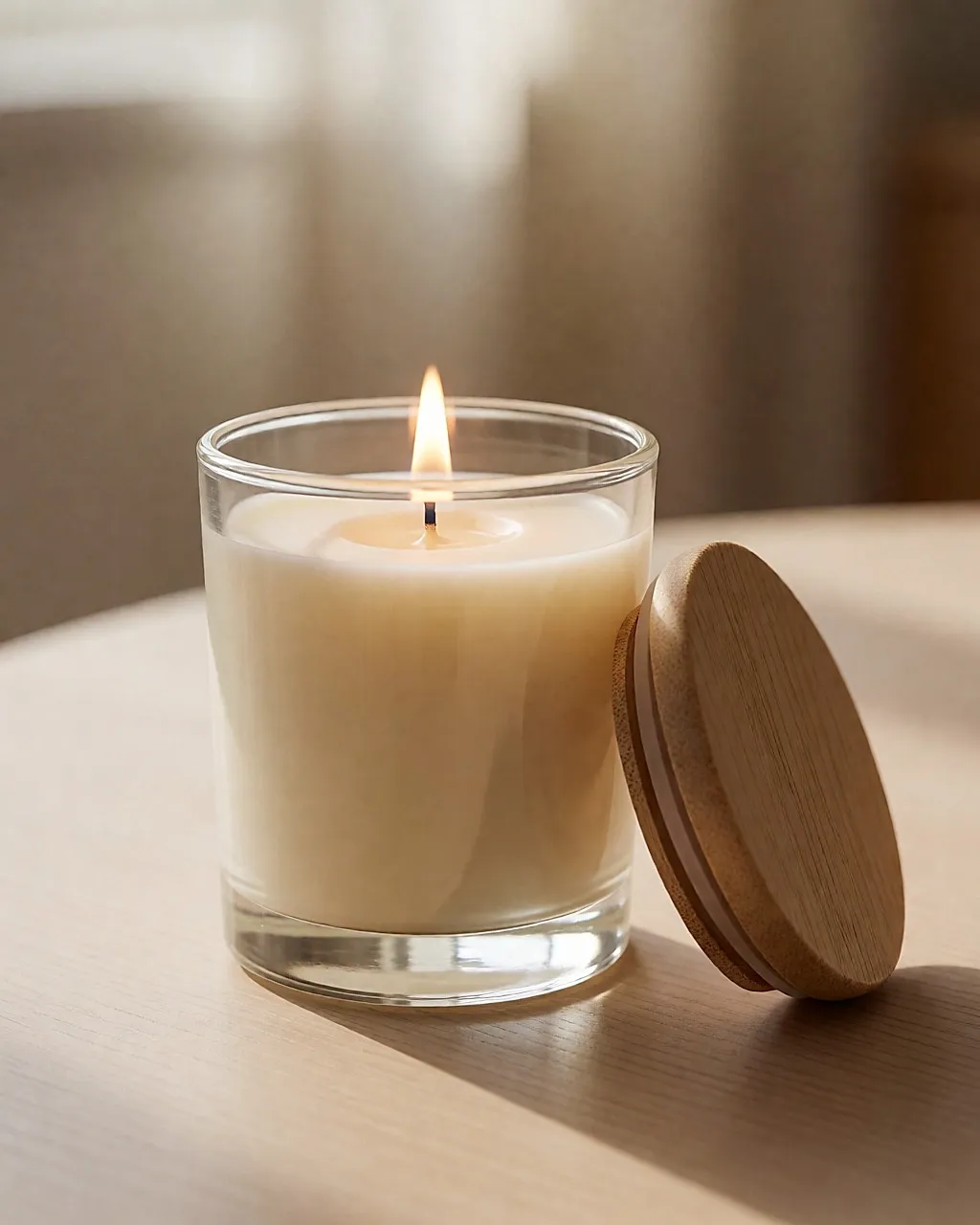 Plant-wax candle burning in its glass jar